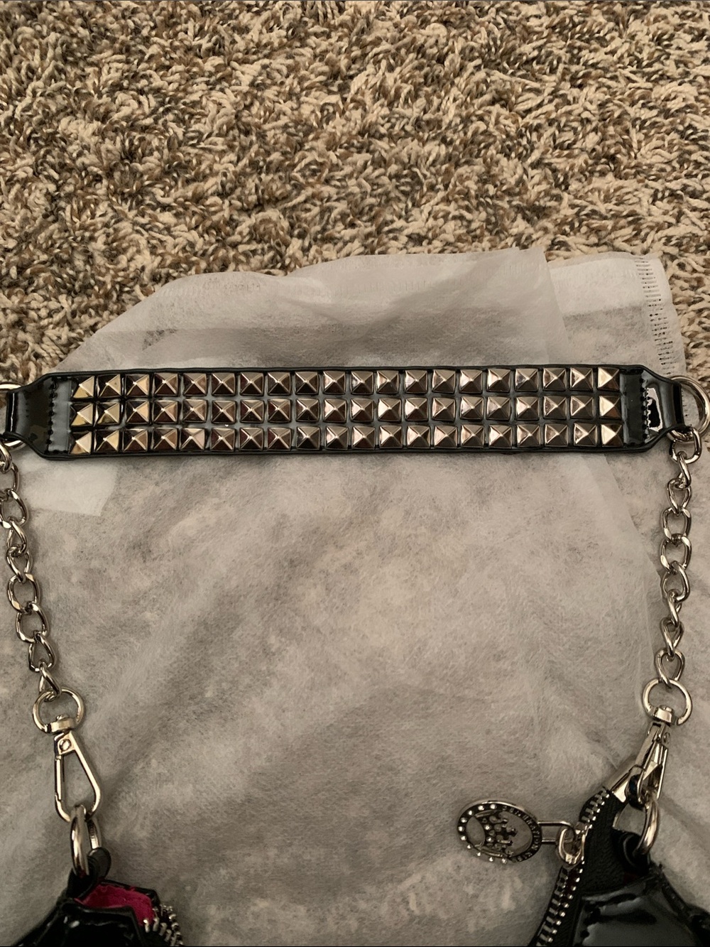 Dolls Kill Generation Kiss Black Patent Shoulder Bag with Studded Strap - Picture 3 of 8